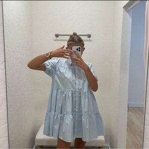 Blue and White stripped flowy dress, puffy sleeves, button up, great condition